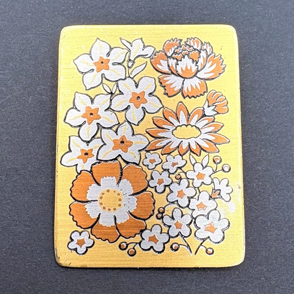 Vintage Reed & Barton Damascene Floral Brooch Pendant Engraved Metal Retro‎ 1.5"
